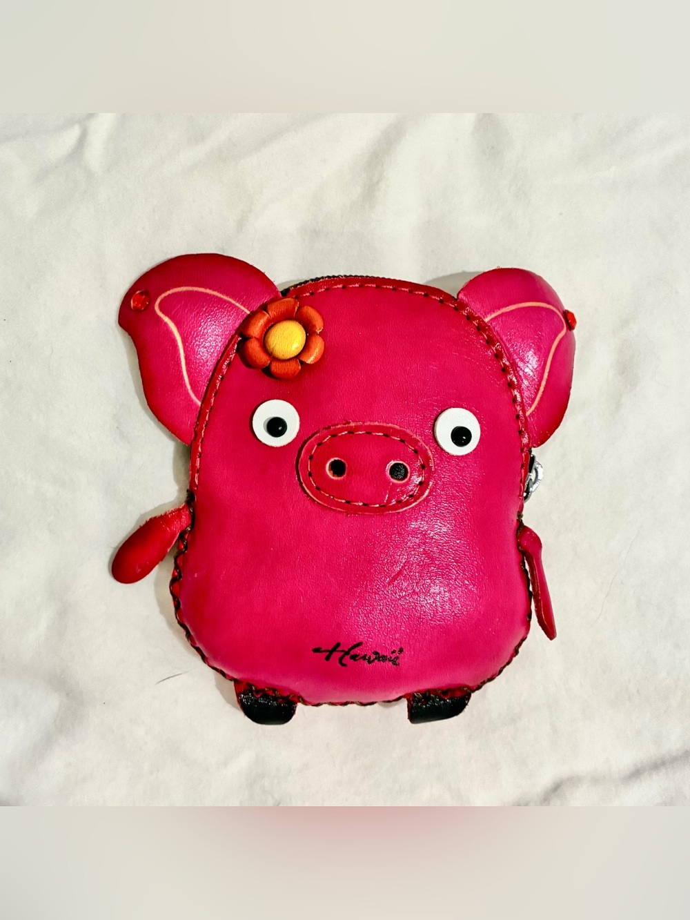 ABC Stores Hawaii Hot Pink Leather Pig Coin Purse Handcrafted Floral Detail